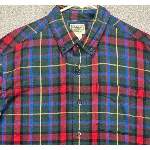 L.L. Bean Flannel Shirt Mens Large Green Multi Plaid Traditional Fit Button Down